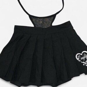 Omighty Black pleated mini skirt with rhinestone thong